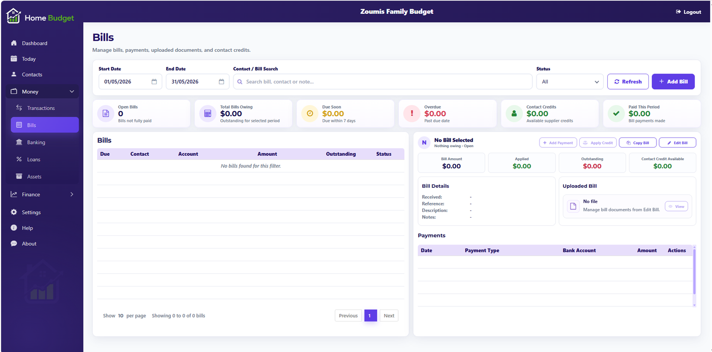 Online Home Budget bills screen preview